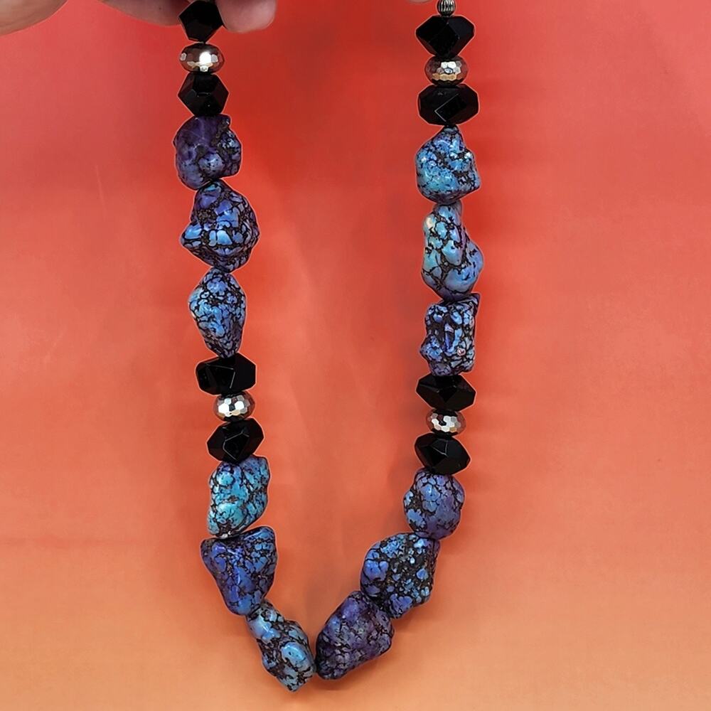 Blue Purple Turquoise Matrix Stone Necklace Black Faceted Beads Toggle Statement